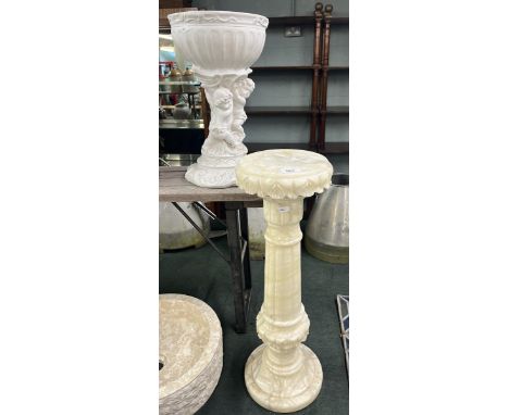 Pedestal planter together with marble torchere 