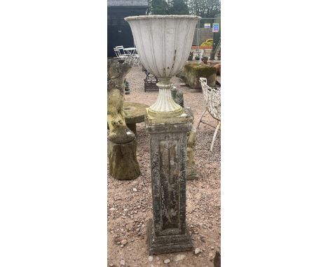 White cast iron pedestal planter on stone base - Approx height: 141cm 