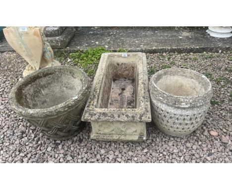 Stone planter trough and 2 circular pots 