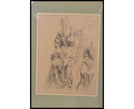 An early 20th century pencil&nbsp; pastel sketch painting portrait study of a lady painting with easel. Signed and dated to t