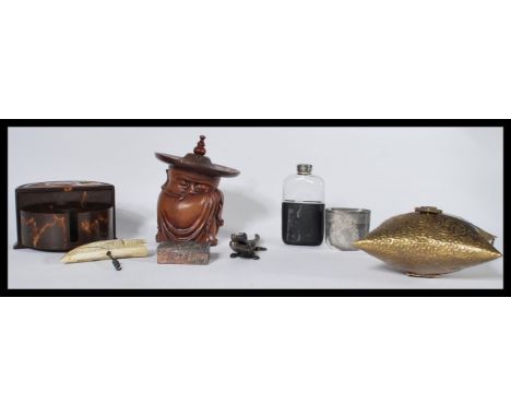 A group of vintage items to include a Chinese wooden brush pot / tobacco pot in the form of a cloak elder , Art Deco bakelite