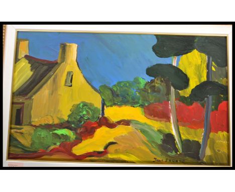 A stunning vibrant abstract oil on board painting landscape painting of a cottage in a country setting ,signed to the corner 