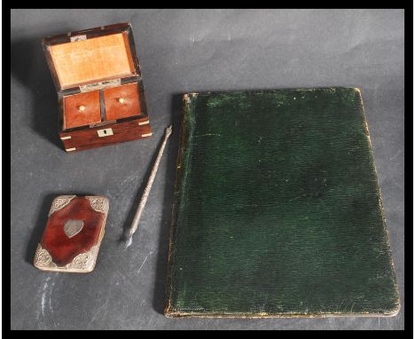 A group of 19th / early 20th century desc items to include a leather and silver hallmarked cornered Mappin and Webb folio , a