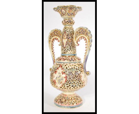 A 19th century Hungarian Fischer Budapest twin handled reticulated vase in the manner of&nbsp;Zsolnay Pecs. The vase of&nbsp;