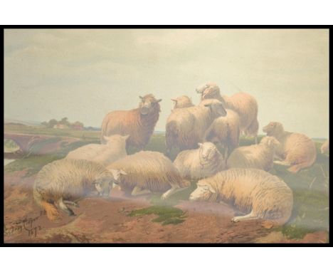 After Thomas Sidney Cooper R.A., British 1803-1902, ' A group of sheep ', signed and dated 1872, watercolour print being fram