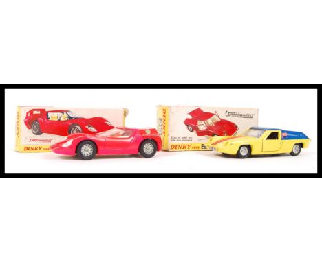 2x Original boxed vintage Dinky Toys diecast Speedwheels series model no. 217 Alfa Romeo O.S.I. SCARABEO in the florescent pi