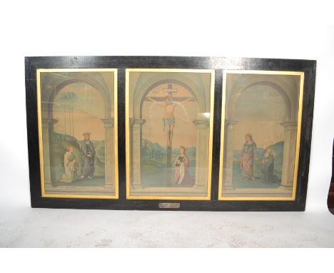 A large early 20th century framed and glazed triptych print of religious scenes bearing the original presentation plaque with