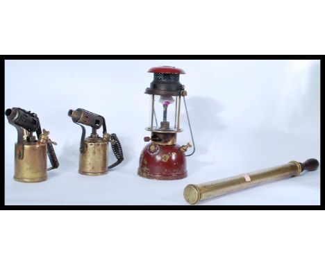 A collection of vintage items to include blow torches, weed sprayer, Bialadin lamp etc