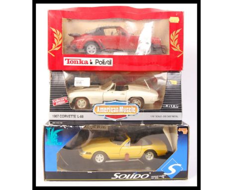 3x assorted 1/18 and 1/16 scale diecast model vehicles to include a; Tonka Polistil Porsche 911 Cabrriolet , Ertl 1967 Corvet