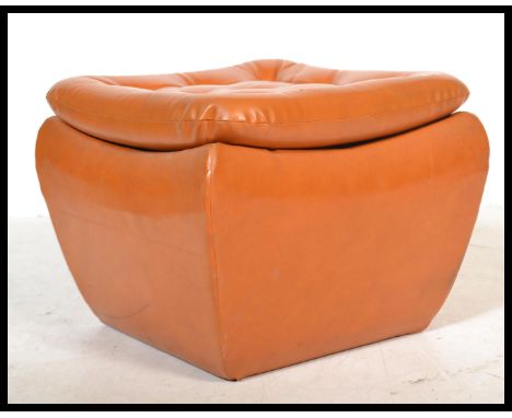 A stunning retro 20th Century work box/ pouffe, upholstered in a vibrant orange vinyl, button back detail to the top with sto
