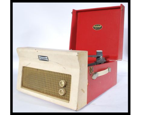 A vintage 20th Century two tone portable Dansette Major De Lux 21 record player, BSR four speed record deck, speaker and knob