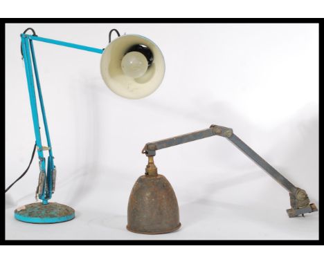 A vintage retro 20th century anglepoise desk lamp in blue raised on a circular base with pendant shade along with a vintage w