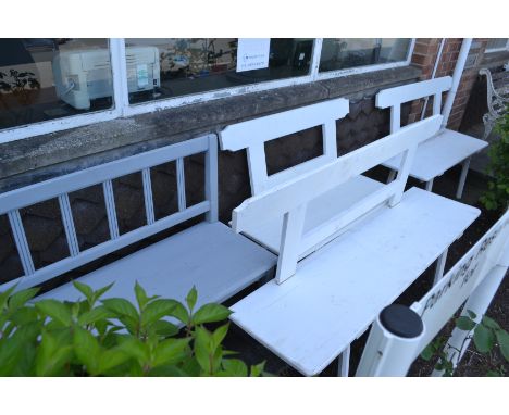 A collection of painted wooden benches to include 2 white benches, a painted grey bench and another large white bench ( pleas
