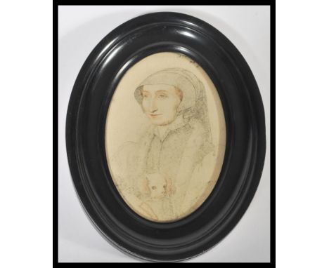 A 19th century portrait sketch of a lady in head dress holding a dog. Inscription to upper right corner. Housed within an ebo