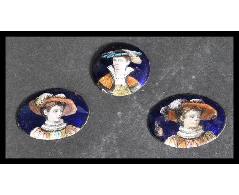 A group of three cobalt enamel plaques depicting early 18th century dandy's in traditional dress with feathered hats. A pair 