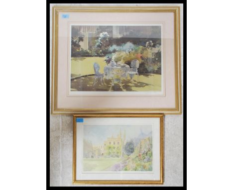 A framed and glazed print of a garden scene being signed in pencil by the artist to the margins having blind stamp for the Al