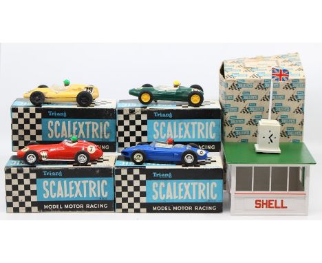 Scalextric: A collection of four boxed Scalextric slot cars to comprise: B.R.M. C59, red, #7, vehicle appears good, in need o