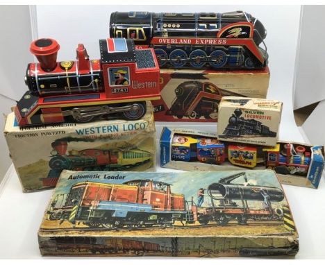 Tinplate: A collection of assorted vintage tinplate trains including Masudaya (Modern Toys Japan) Overland Express, boxed, Da