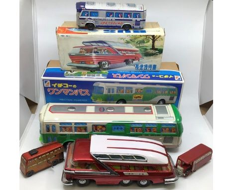 Tinplate: A collection of assorted tinplate Buses including Ichiko, Japan, friction powered coach, boxed, Chinese battery ope