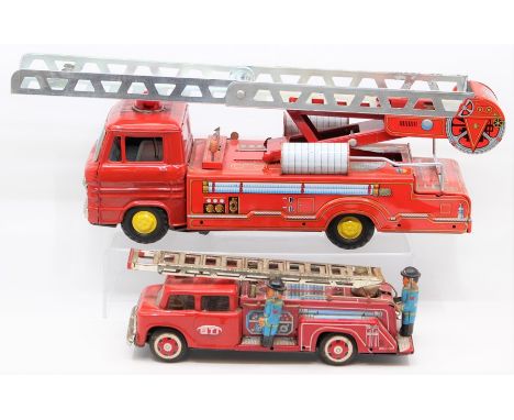 Tinplate: A collection of three tinplate Fire Engines to comprise: Yonezawa Turntable Fire Engine, length approx. 47cm; Masud