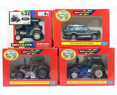 Britains: A collection of four boxed Britains items to comprise: Massey Ferguson 3680 Tractor with Flotation Tyres, No. 9441;