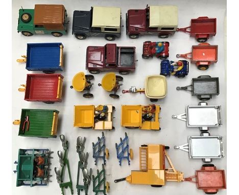 Britains: A collection of Britains farm vehicles and equipment to include: Claas Jaguar 690 Tractor, four Land Rovers, Bauer 