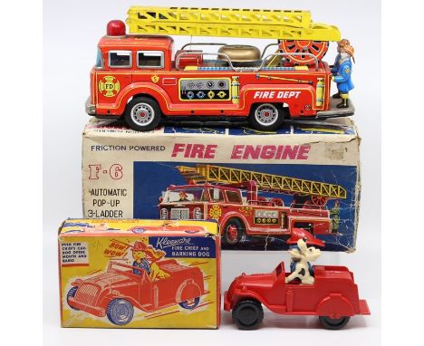 Konyu Shokai: A boxed Friction Powered Fire Engine, F-6, Automatic Pop-Up 3-Ladder with Bell, Made by Konyu Shokai, original 