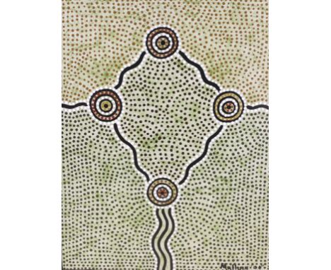 Mullijin (b.1961) (Aboriginal art), mixed media, 'The Dream Time', signed and dated '04, 35 x 27cm