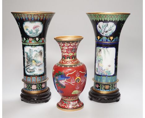 A pair of Chinese cloisonné enamel beaker vases and a dragon vase, pair of vases 27cm