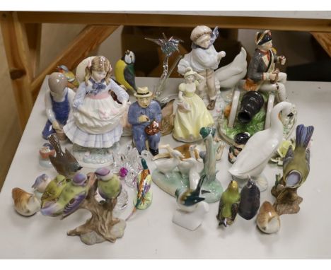 A Royal Copenhagen figure and a collection of Nao ducks, Beswick, Doulton and other birds