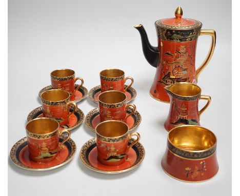 A Carltonware Japanese style coffee set: base marked 2880, coffee pot and cover 19.5 cms high