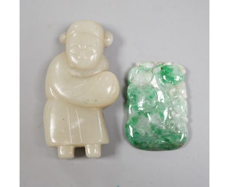 A Chinese celadon jade figure and a jadeite plaque (2)