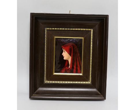 A framed Limoges enamel plaque of Fabiola, after Henner, 10cms x 13.5cms high