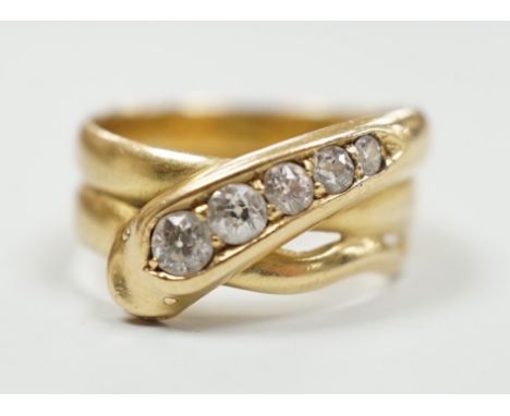 A late Victorian18ct gold and graduated five stone diamond set serpent ring, Hallmarked for Chester, 1897, size P/Q, gross we