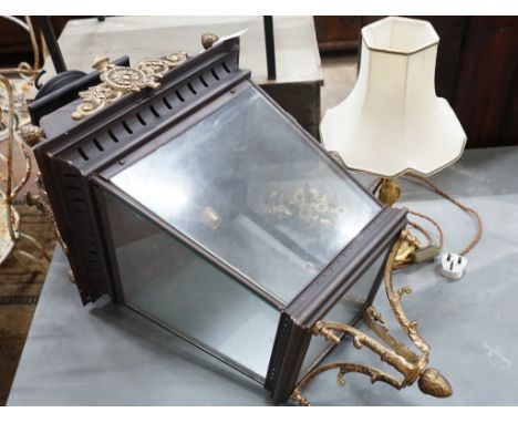 A Victorian style lantern and chain, height 108cm together with a gilt metal table lamp