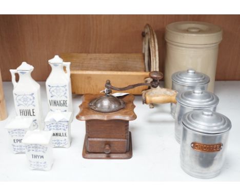 Kitchenalia: A  group of French ceramic storage jars and metal canisters, a Danish bread slicer, a French coffee grinder and 