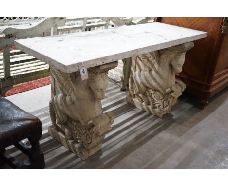 A carved stone Pegasus console table, width 127cm, depth 46cm, height 66cm