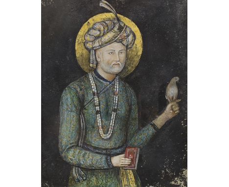 Indian School, ink and watercolour, Portrait of a nobleman holding a hawk, 10 x 8cm