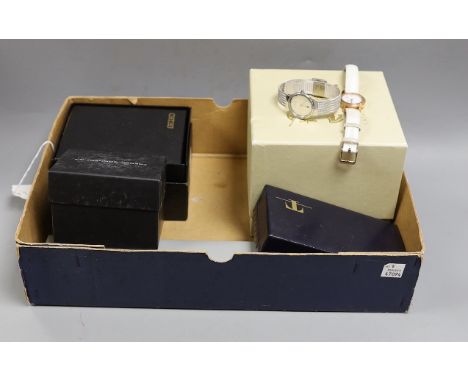Seven assorted modern mainly lady's wrist watches, including Burberry with box, Seiko, FCUK, Longines quartz with box, Rotary