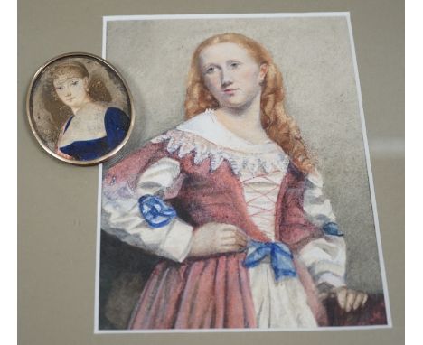 English school late 19th century, watercolour of a redheaded  girl and a portrait miniature on card