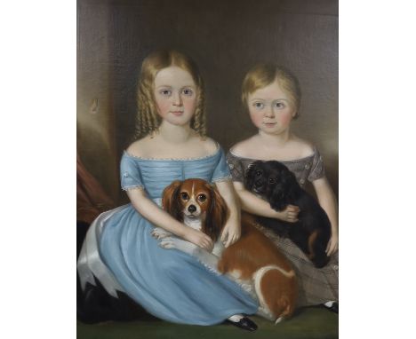 Mid 19th century English School, Portrait of two children seated with their King Charles Spaniels, oil on canvas, 91 x 74cm