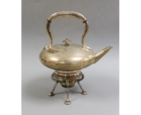 A late Victorian silver tea kettle, on stand with burner, Edward Hutton, London, 1880, height 25.2cm, gross weight, 27.3oz.