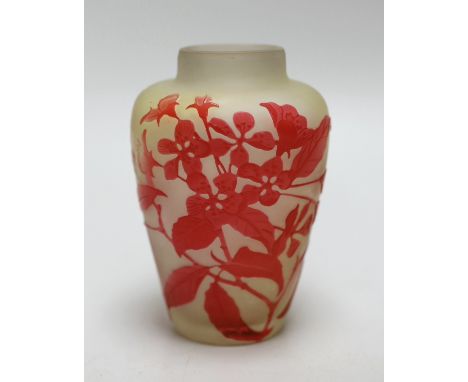 A Galle pink cameo glass vase with floral decoration, c.1910, 12cm high