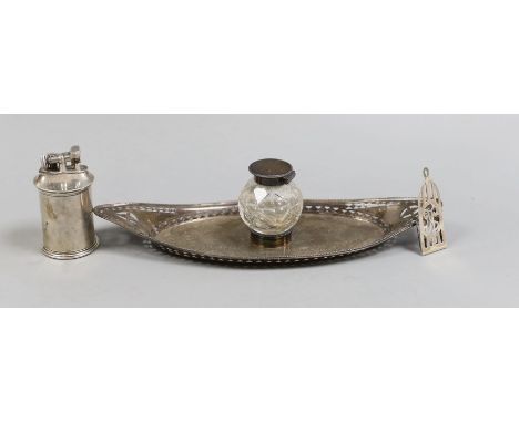 A late Victorian pierced silver mounted navette shaped inkstand, with silver mounted single glass well, Charles Stuart Harris