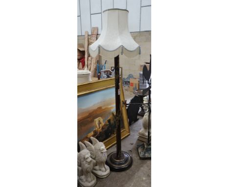A Chinese style carved mahogany parcel gilt standard lamp, height excluding shade 156cm