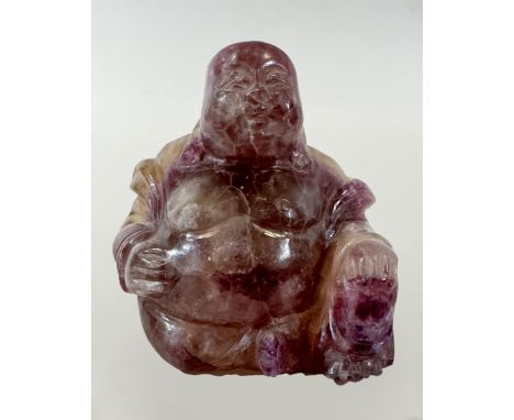 Lachender Buddha, Amethyst, H.: 9,7 cm. Altersbedingter Zustand, min. Chips, Haarrisse.