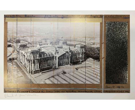 Christo (1935-2020) und Jeanne-Claude (1935-2009), Verhüllter Reichstag, Projekt für Berlin, Farboffset mit Collage, unten li