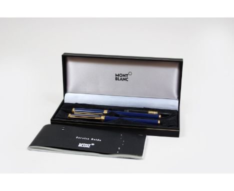 Montblanc Noblesse, Schreibgarnitur, 1987 - 1994, blaues Harz und vergoldetes Metall, Feder 585er Gold. Guter, altersbedingte