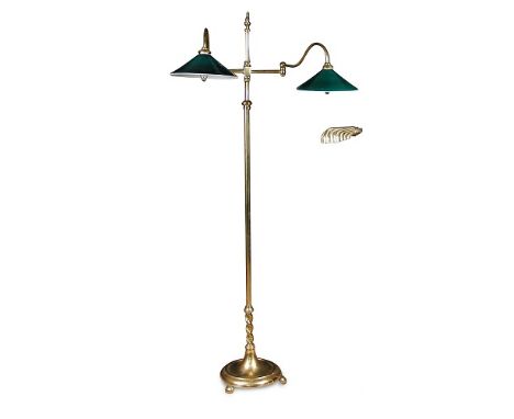 A brass two branch floor standing reading light, the branches with green glass shades 168cm (66in) The condition is good