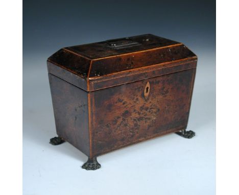 A George III burr elm tea caddy, the tapered body with boxwood stringing raised on lion paw feet 15 x 20 x 12½cm (6 x 8 x 5in